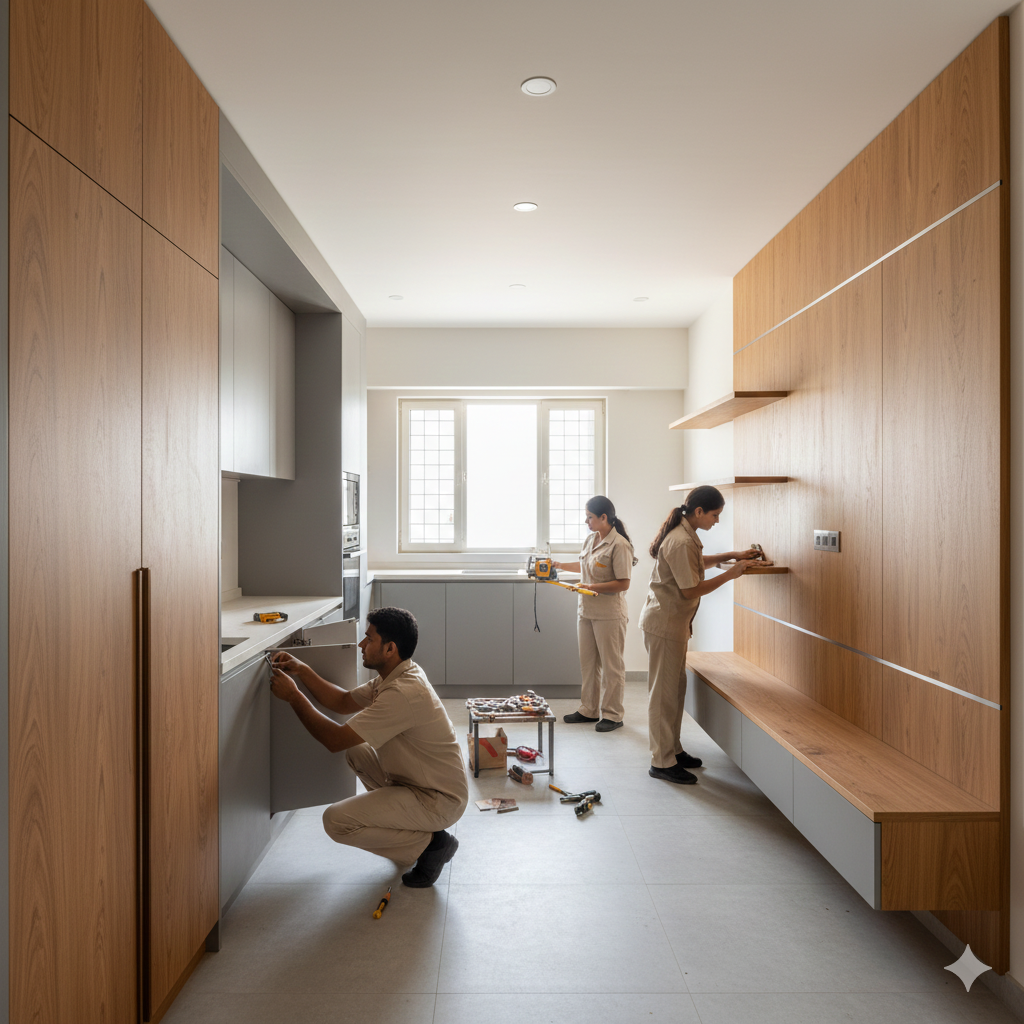 A modern furniture factory with CNC machinery.