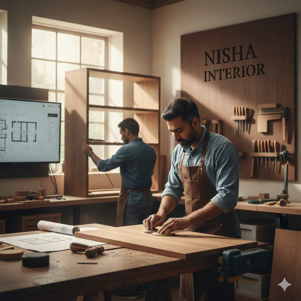 A living room with a sofa and a stylish, custom media console.
